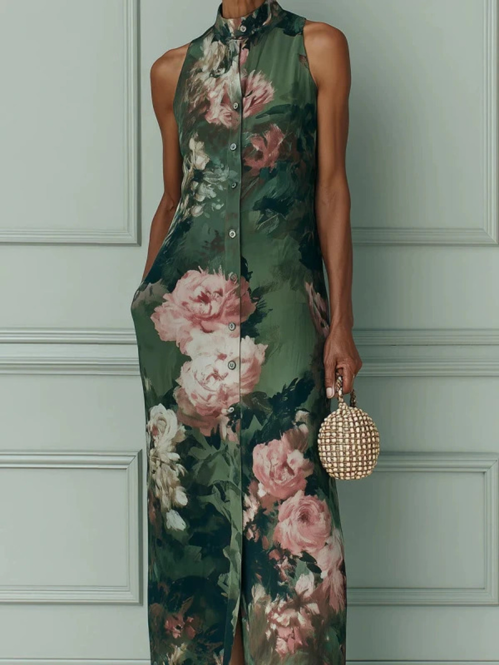 Vintage Dark Green Oil Painting Floral Halter Sleeveless Long Dress Button Slit - Picture 3 of 3